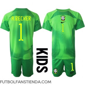 Brasil Alisson Becker #1 Portero Segunda Equipación Niños Mundial 2022 Manga Corta (+ Pantalones cortos)